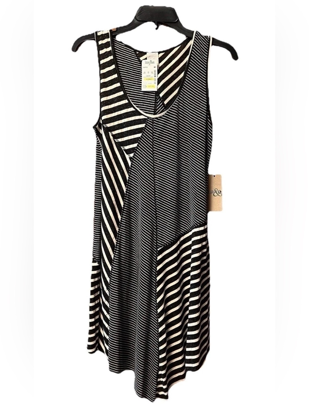 NWT Lili & Q Linen Rayon Blend Dress Thin Soft Flowy Raw Hem Ivory Black Sz M